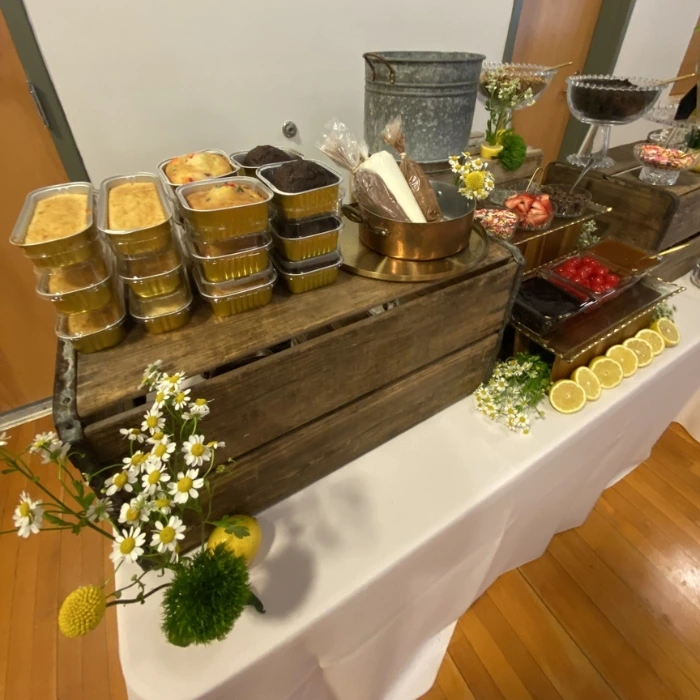 Full desert bar with ice cream and cake toppings. Full desert bar with ice cream and cake toppings.